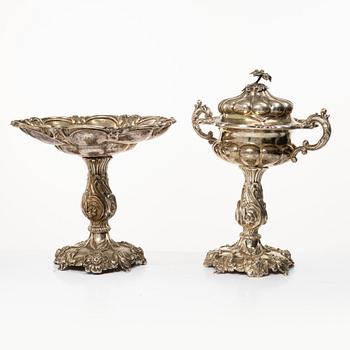 A Swedish silver sugar bowl and a centerpiece bowl, marks of G Möllenborg (Ferón) and C Hammer, Stockholm 1850-1860.