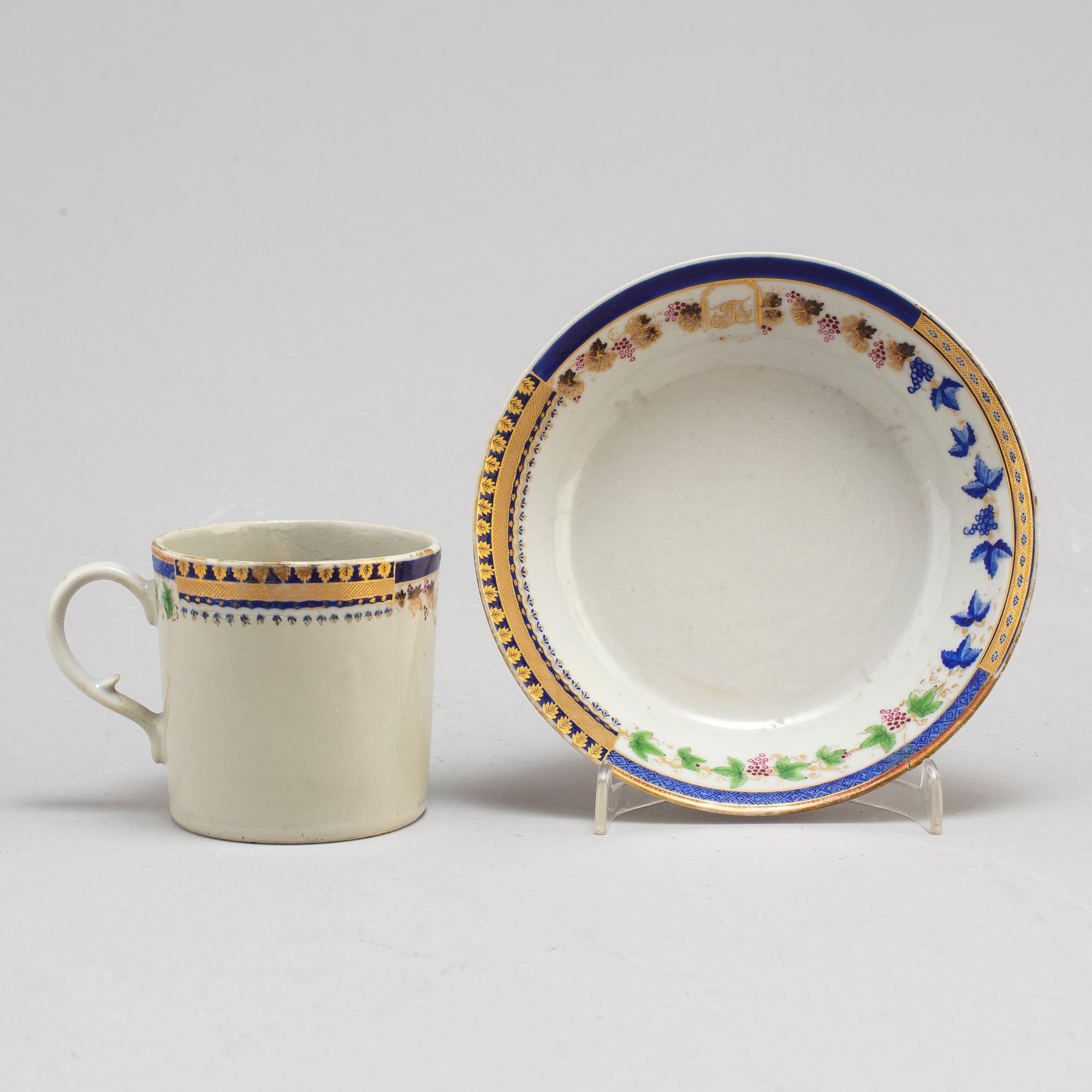 An Export 'sample pattern' cup with saucer, Qing dynasty, Qianlong (1736-95).