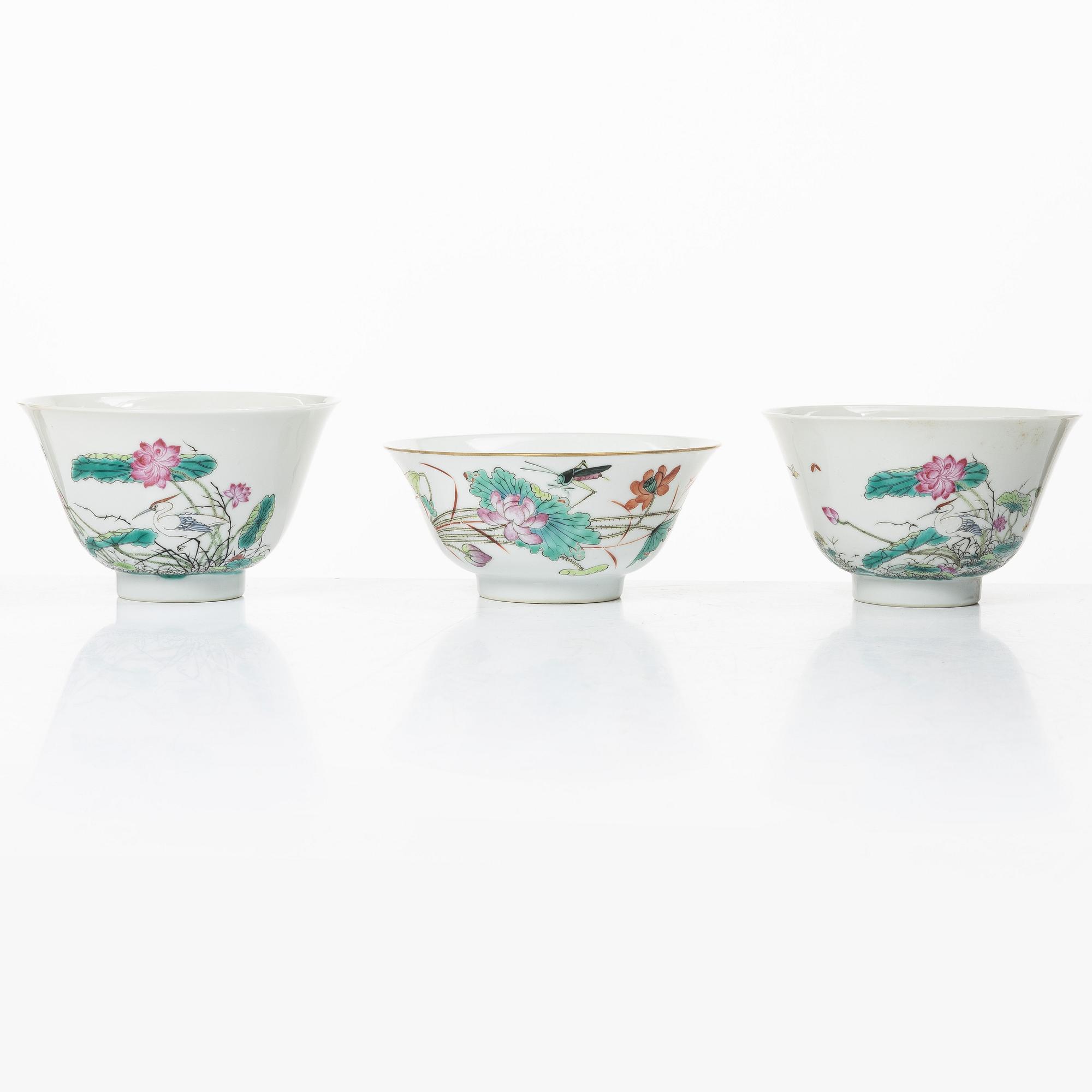 Three porcelain cups, China, 20th century.