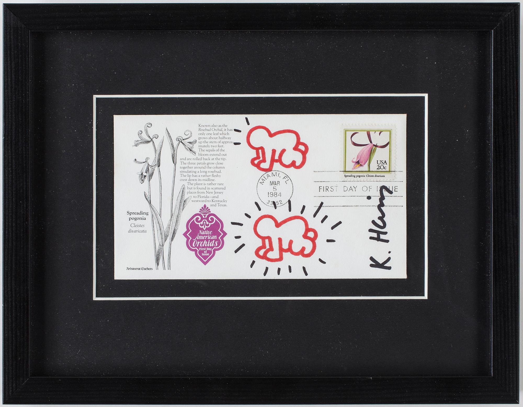 KEITH HARING, förstadagsbrev med tuschteckning, stämplat Miami Mar 5 1984, sign.