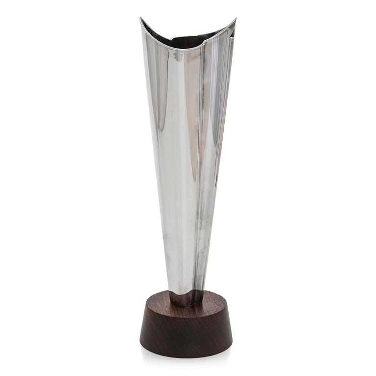 Tapio Wirkkala, a silver TW 228 'Flame' vase on a rosewood base, Kultakeskus, Hämeenlinna 1965.
