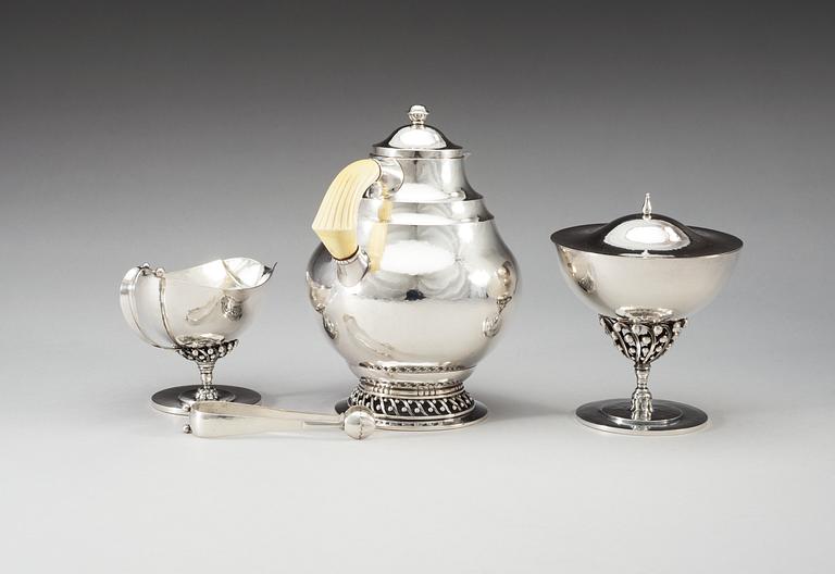 A Johan Rohde three pcs of coffee service, 830/1000 silver, by Georg Jensen, Copenhagen ca 1919.