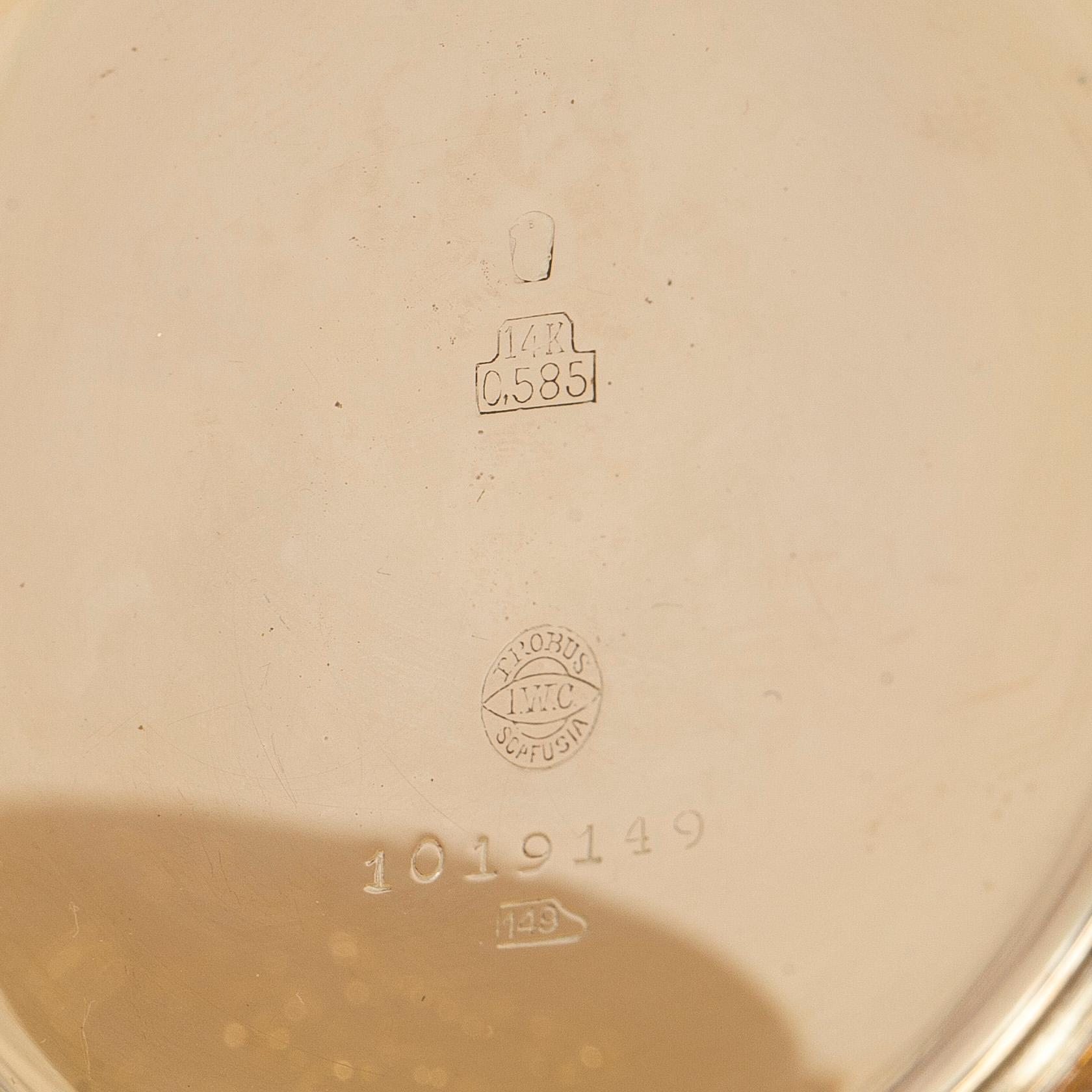 International Watch Co. (IWC), pocket watch, 50 mm, 14K gold, lever escapement.