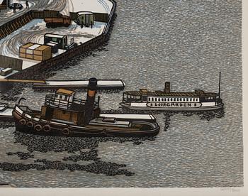 SVENOLOV EHRÉN, färgträsnitt, samramade motiv över slussen. 225/360.