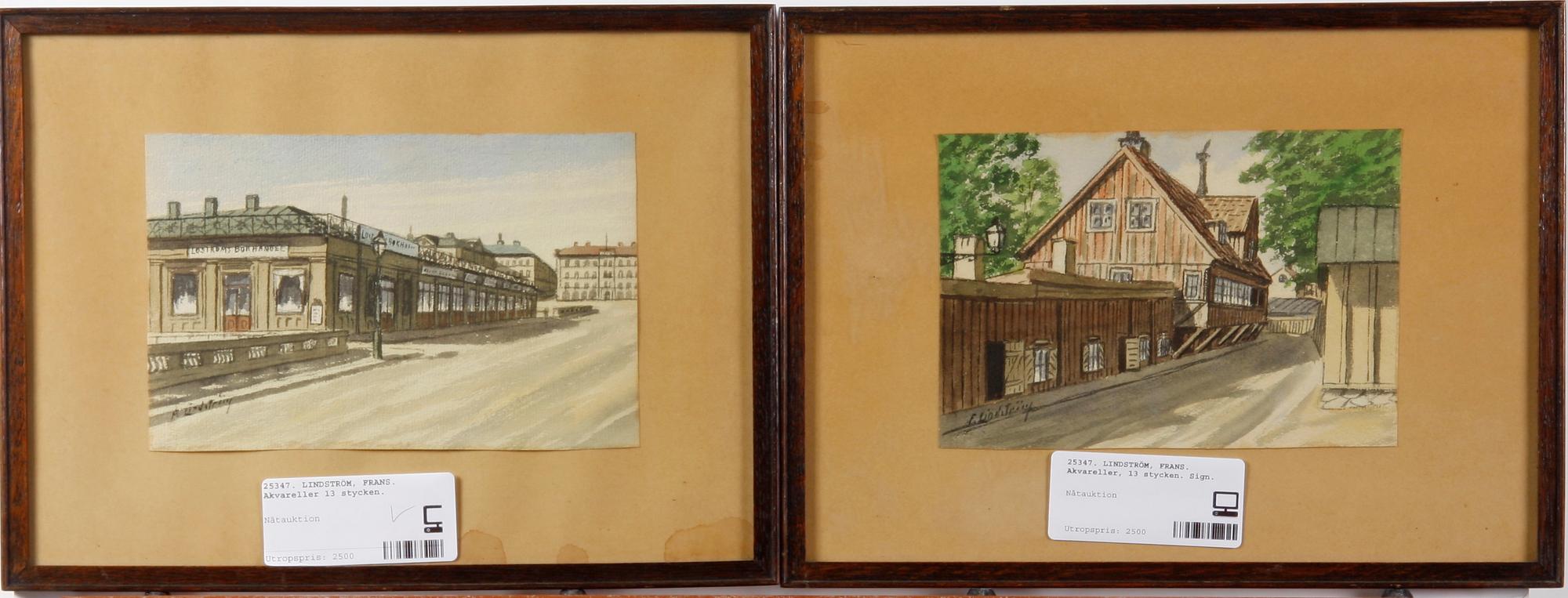 LINDSTRÖM, FRANS. Akvareller, 13 stycken. Sign.