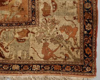 ANTIQUE SILK TABRIZ FIGURAL. 235 x 165 cm (as well as 1 cm stripe patterned flat woven edge at each end).