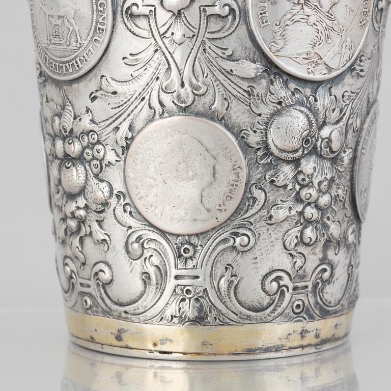 A Prussian 18th century parcel-gilt beaker, makers mark Johann Leopold Käwerstein, Königsberg 1754-1761.