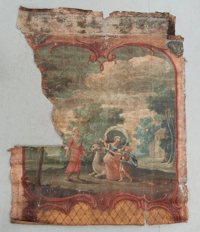 TAPETER, 5 större delar, olja på linneväv.  Sverige, 1700-talets andra hälft. Rokoko.
