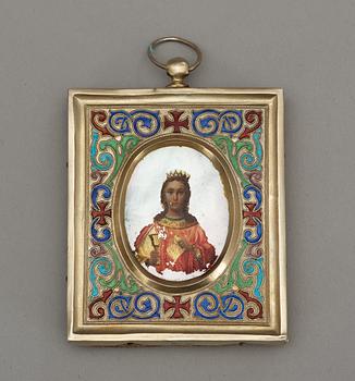 A RUSSIAN SILVER-GILT AND MOTHER OF PEARL ICON, unidentified maker, Moscow 19th century. 7x6 cm.