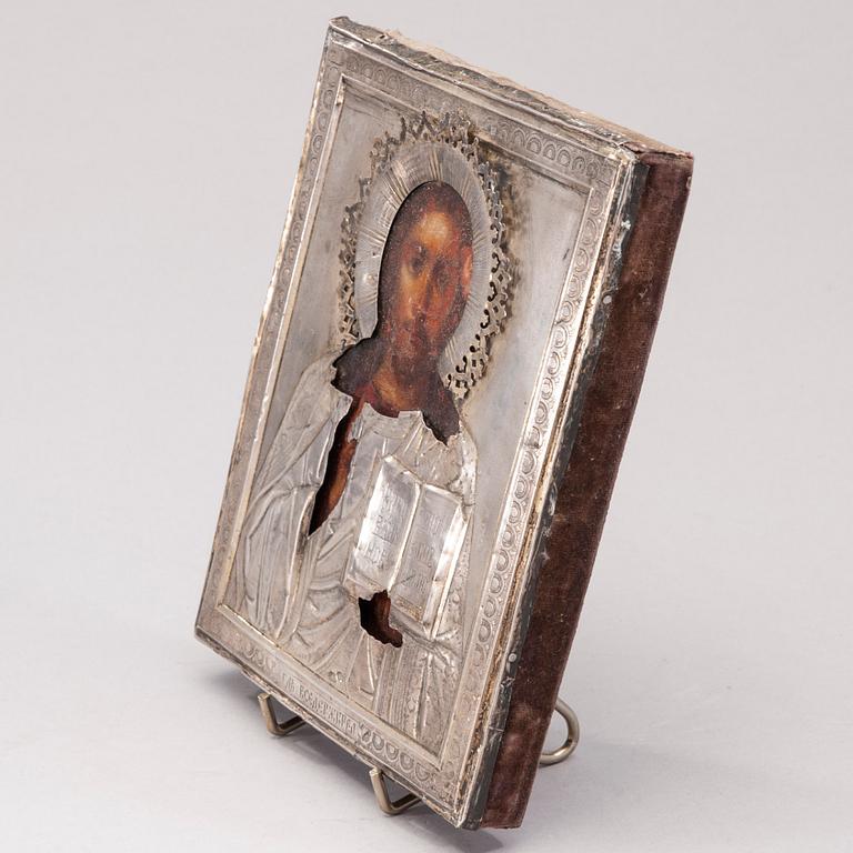 IKON MED SILVERRISA, olja på pannå, mästarstämpel Ivan Lebedkin, Moskva, Ryssland 1800-talets slut.