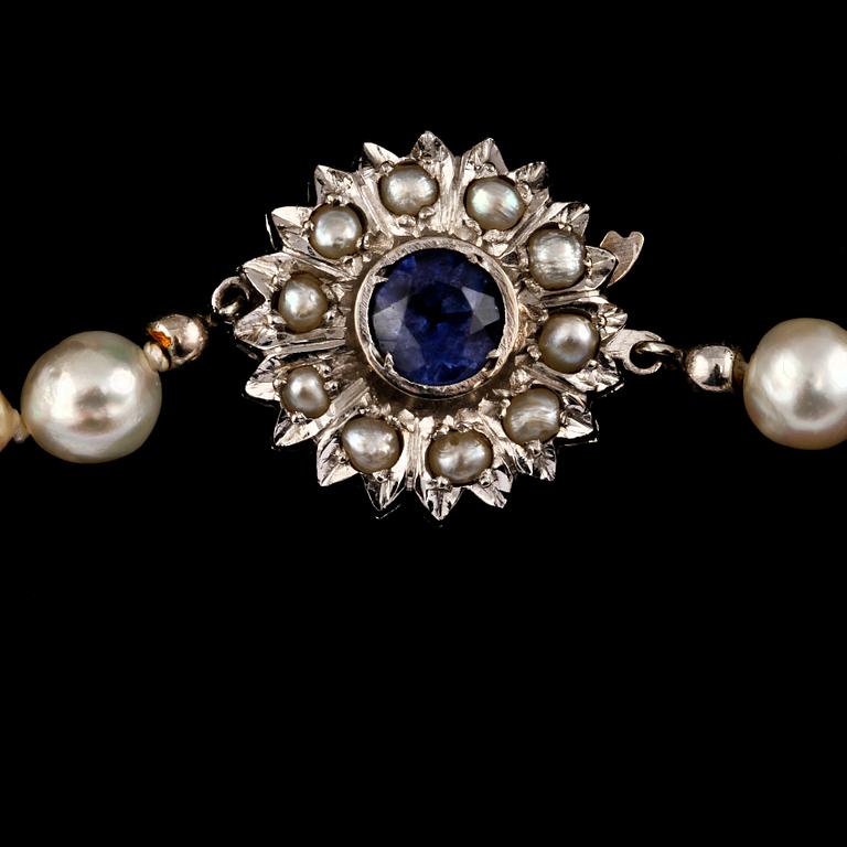 PÄRLCOLLIER, odlade pärlor med lås i 18k vitguld med 10 odlade pärlor och fasettslipad blå safir.