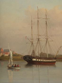 Ehrnfried Wahlqvist Warship at anchor in calm waters by Kronborg Castle.