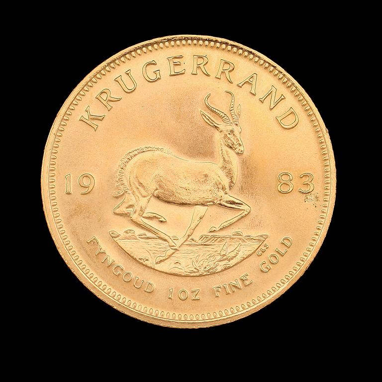 GULDMYNT, finguld, Krugerrand, Sydafrika, 1983. Vikt ca 34 g.