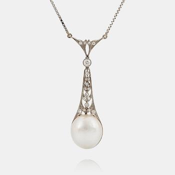 897. A platinum pendant set with a half pearl and old-cut diamonds.