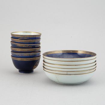 Six powder blue and gilt porcelain cups with saucers, Qing dynasty, Qianlong (1736-95).