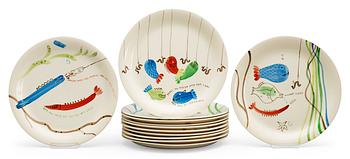 A set of twelve Stig Lindberg creamware plates 'Löja', Gustavsberg 1948-62, model WB.