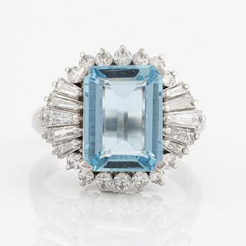 Ring, cocktail ring, platinum with aquamarine and tapered- and brilliant-cut diamonds.