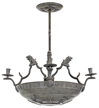 405. A pewter chandelier, in parts attributed to Anna Petrus, for four candles executed by Firma Svenskt Tenn in 1927.