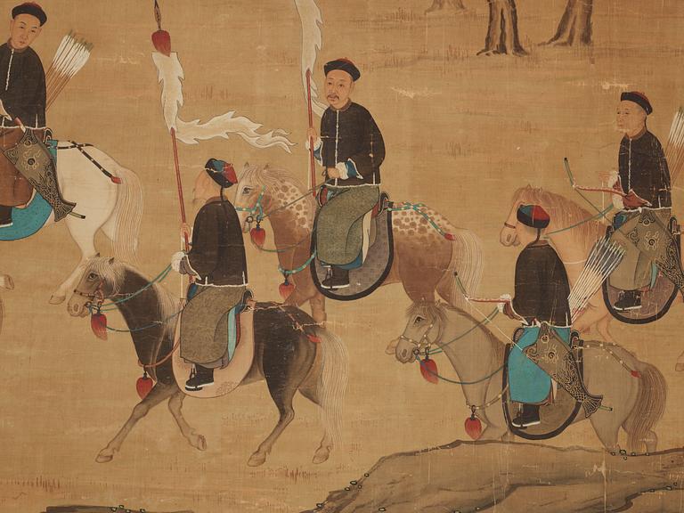 A large hand scroll of an imperial hunting part, Qing dynasty.