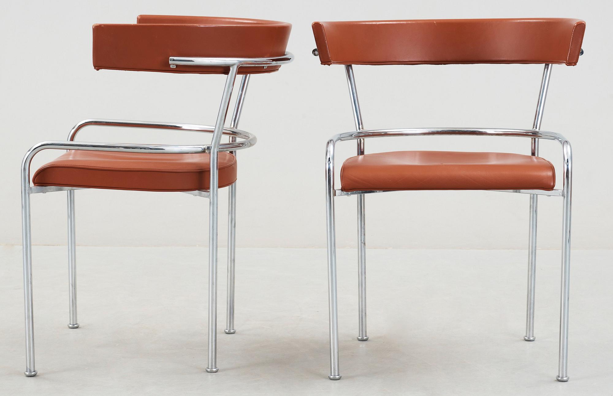 A pair of Gunnar Asplund chromed steel and leather armchairs by Källemo, Sweden post 1988.