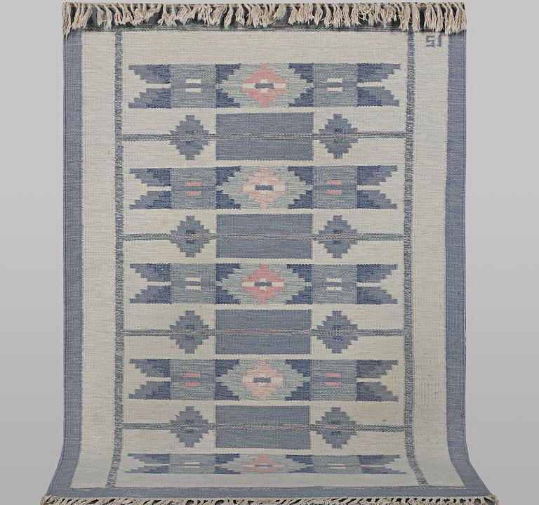 Ingegred Silow, a flat weave carpet, signed IS, ca 197 x 137 cm.
