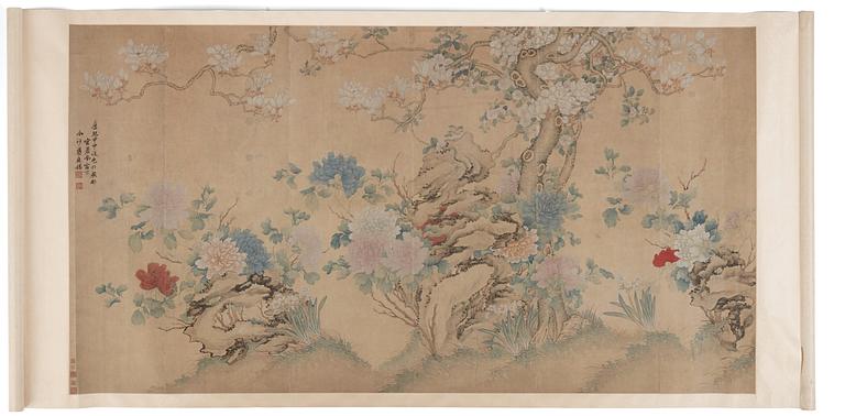 A Chinese scroll painting/wall paper-panel, ink and colour on paper, after Jiang Tingxi (1669-1732), Qing dynasty.