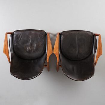 Ib Kofod-Larsen, a pair of black leather 'Sälen' easy chairs, Olof Perssons Fåtöljindustri (OPE), Sweden 1950s-60s.