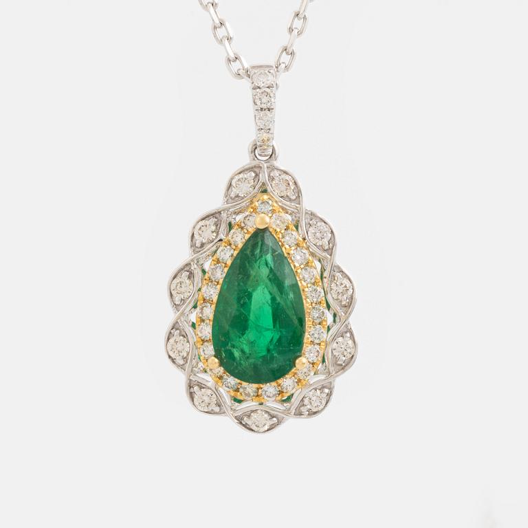 Pear shaped emerald and brilliant cut diamond necklace.