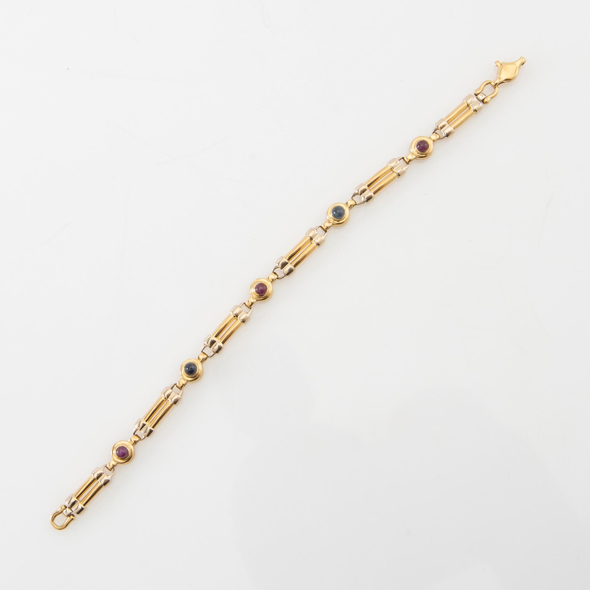 Bracelet 18K rose and white gold set with cabochon-cut sapphires and rubies, possibly Ancona Italy.