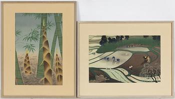 Ohno Bakufu, two woodblock prints, around 1950.