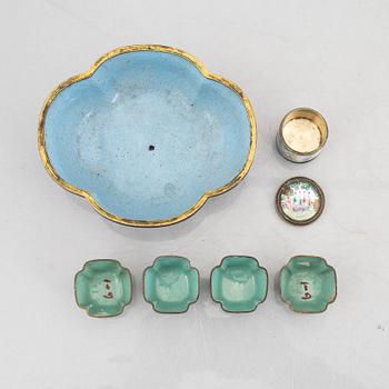 A group of Chinese enamels, including a flower pot, a box and four cups, Qing dynasty, 18th and 19th century.