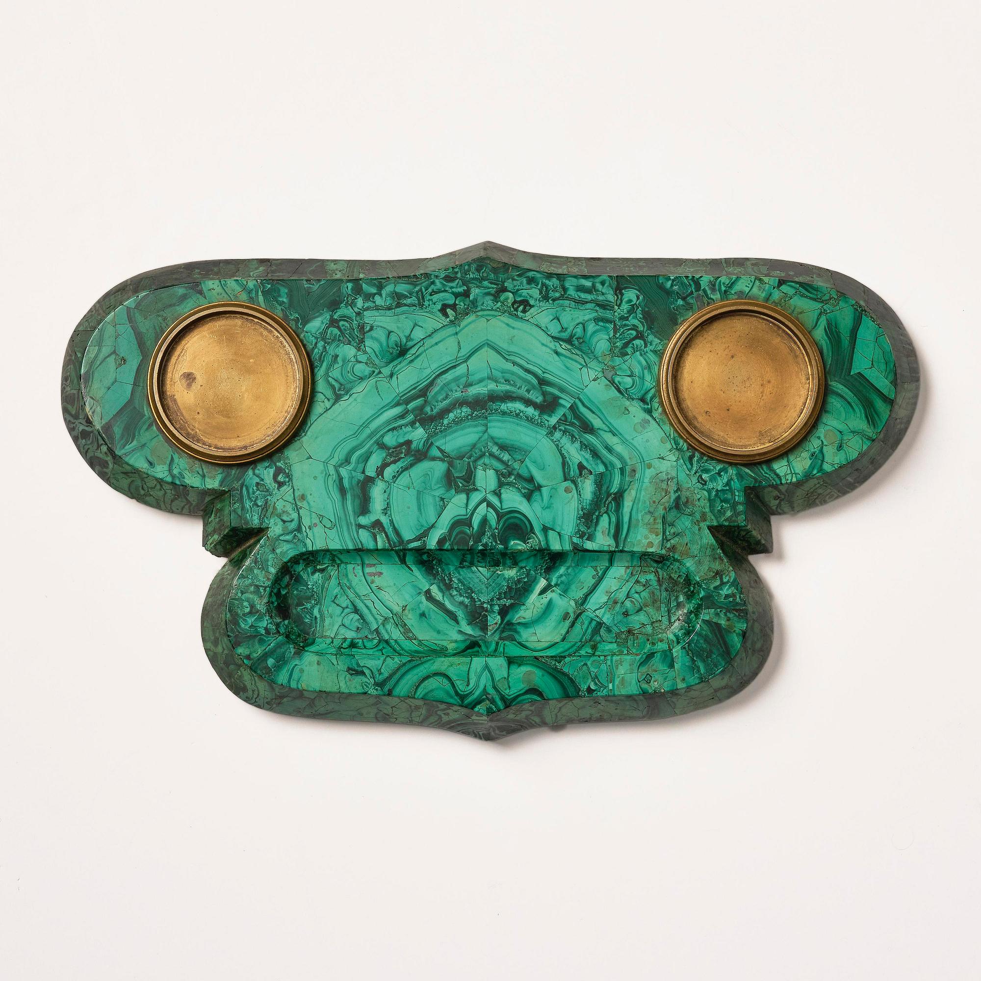 A Russian Alexander III malachite-veneered inkstand, late 19th century.