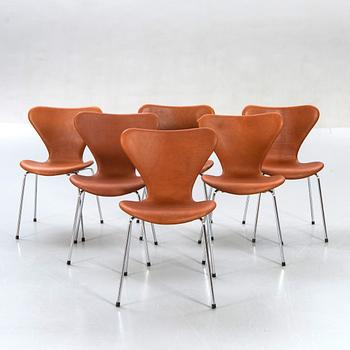 Arne Jacobsen chairs, 6 pcs, "Sjuan", Fritz Hansen, Denmark later part of the 20th century.