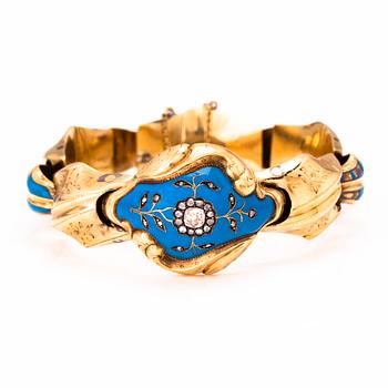 ARMBAND, guld, emalj, gammalslipad diamant och rosenslipade diamanter tot ca 0.4 ct. Ryssland 1800-tal.
