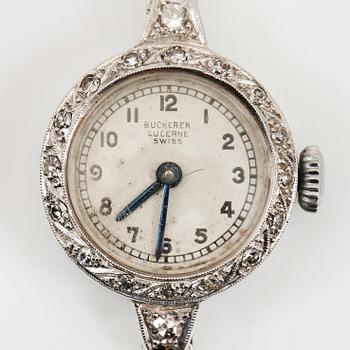 ARMBANDSUR, platina, Bucherer, Lucerne, Swiss, med ARMBAND, 18K vitguld, 1949. Totalvikt med urverk ca 15 gram.