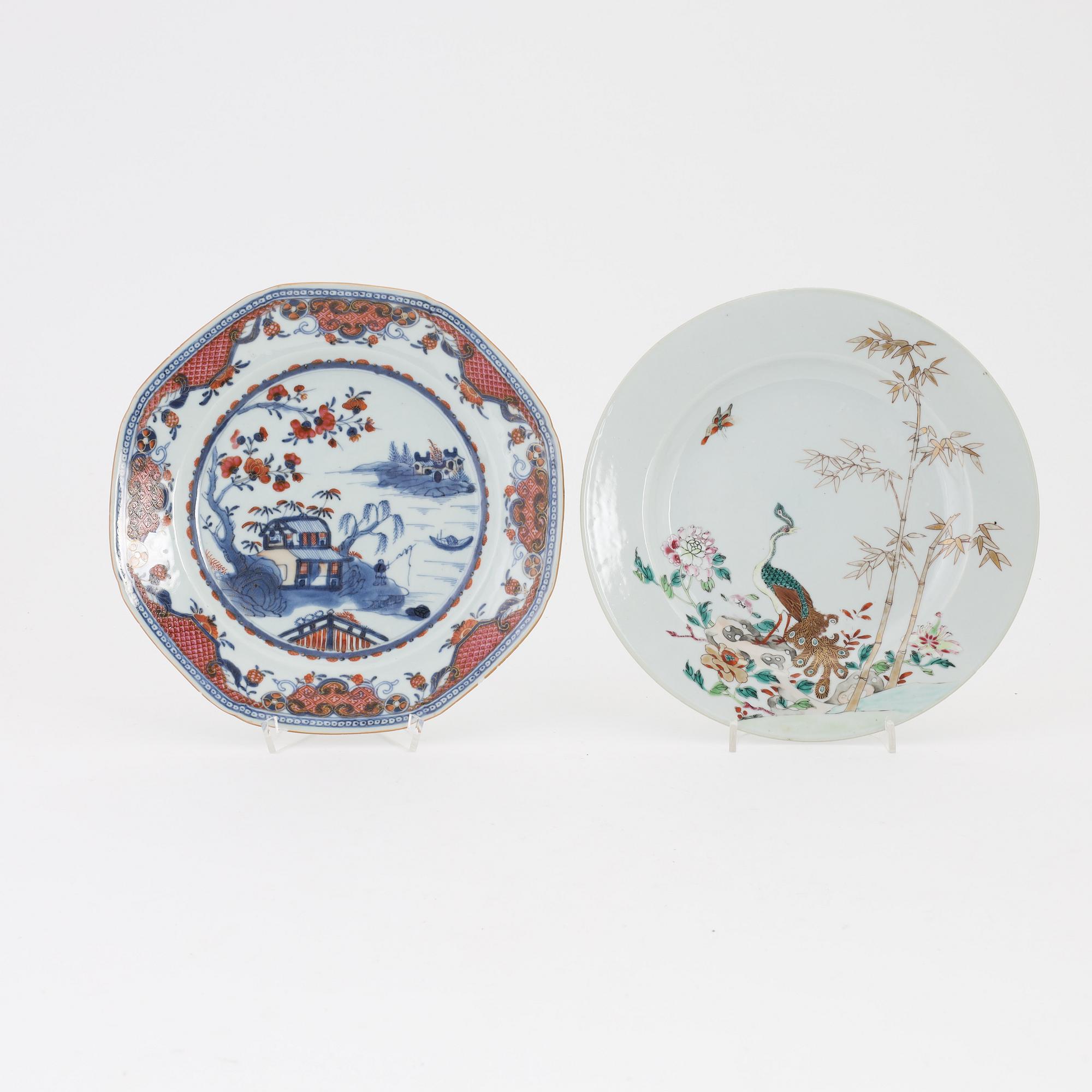 Tallrikar, 5 stycken, kompaniporslin. Qingdynastin, Qianlong (1736-95).