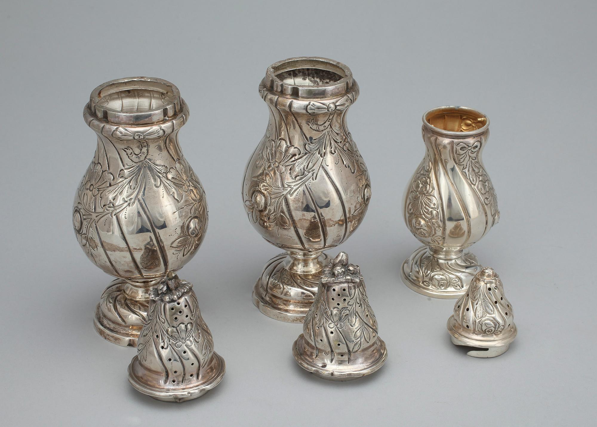 STRÖARE, 6 st, silver, Rokokostil, 1900-tal. Total vikt ca 706 gr.