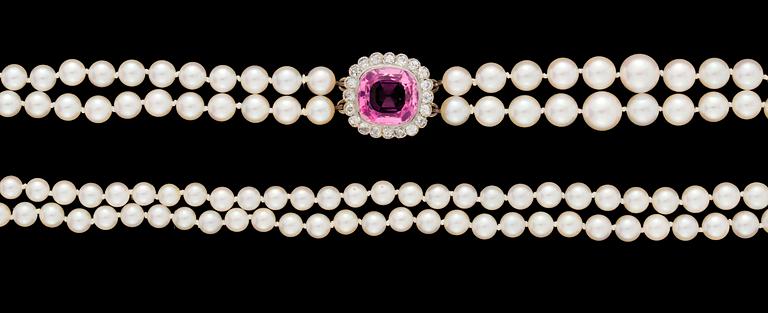 A two strand cultured pearl necklace.