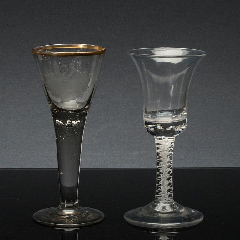 A set of two 18th century wine glasses.