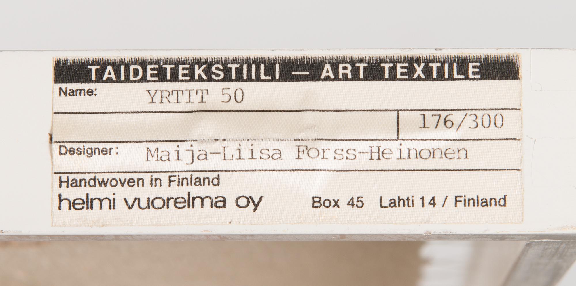 Maija-Liisa Forss-Heinonen, bildvävnad, signerad och numrerad 176/300 för Helmi Vuorelma AB.