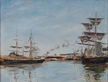 Anund Emanuel (Svensson), Anund Emanuel, Sailing ship in harbour at the river mouth.