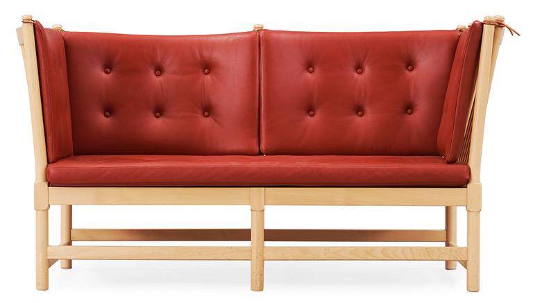 A Børge Mogensen beech and red brown leather sofa, Fritz Hansen 1996, model 1758.