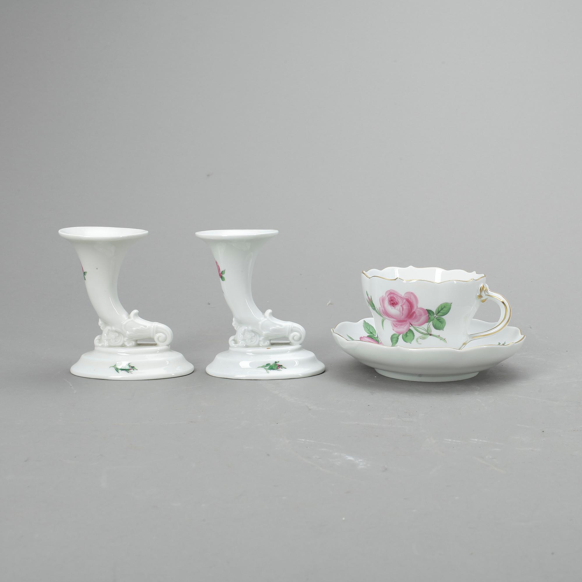 TEKOPPAR samt LJUSSTAKAR, 8 +2, porslin, Meissen, Tyskland, 1900-tal.