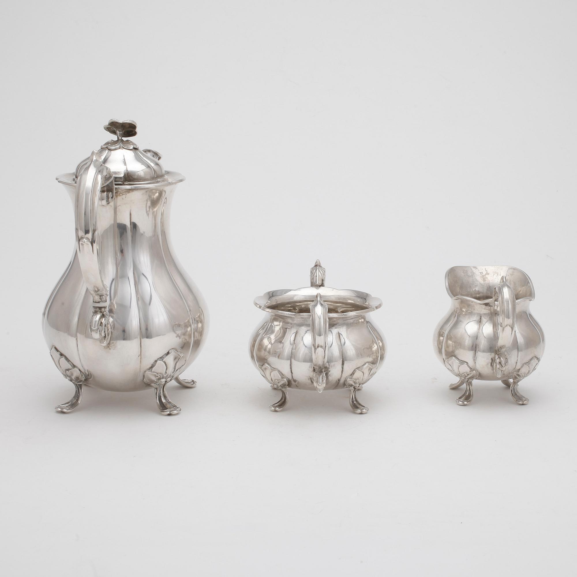 KAFFESERVIS, 3 delar, silver, Danmark, 1900-tal, total vikt ca 871 gram.