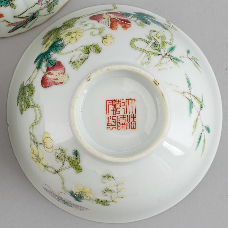 A set of three famille rose bowls, China, 20th Century.