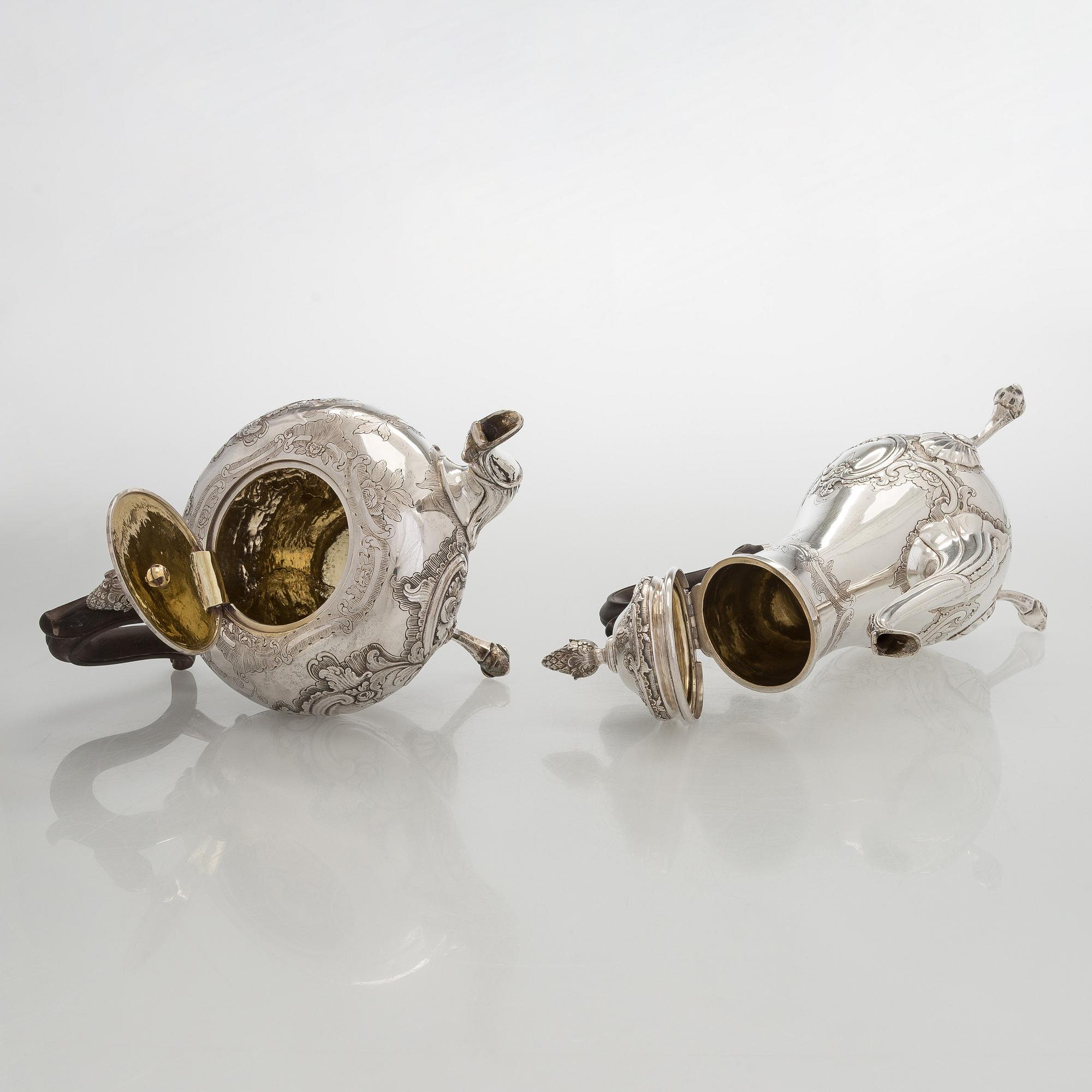 Kaffe- och teservis, 4 delar, silver, rokoko, Portugal, 1780-tal, olika silversmeder.