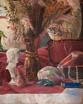 Anna Boberg, Still life with peacock feathers and seashell.