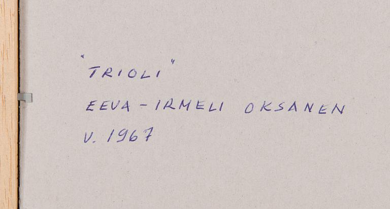 Eva-Irmeli Oksanen, kuvakudos, merkitty ja päivätty 1967 a tergo.