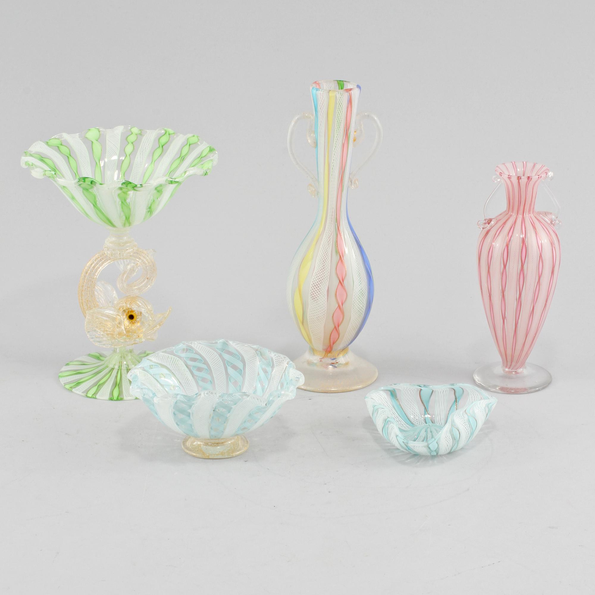 PARTI GLAS, 5 delar, glas, Murano, Italien, 1900-talets andra hälft.