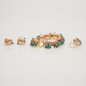 ARMBAND, RING och ÖRHÄNGEN, turkoser, 14K rose guld.